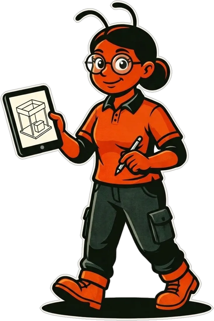 Hormiga diseñadora con una tableta que muestra el render de un stand