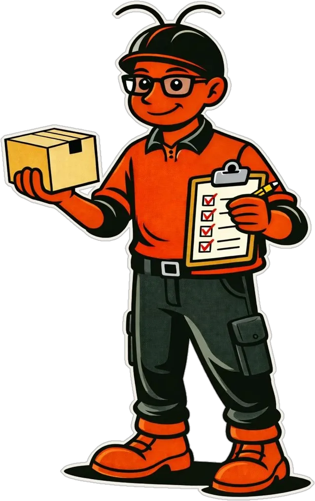 Hormiga de producción de En Punto con una caja y una lista de chequeo